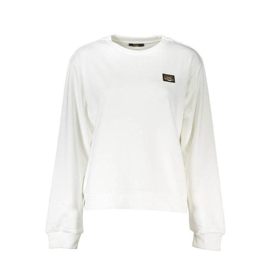 Cavalli Class White Cotton Sweater with long sleeves, brushed texture, round neck, and logo print, featuring a stylish application.