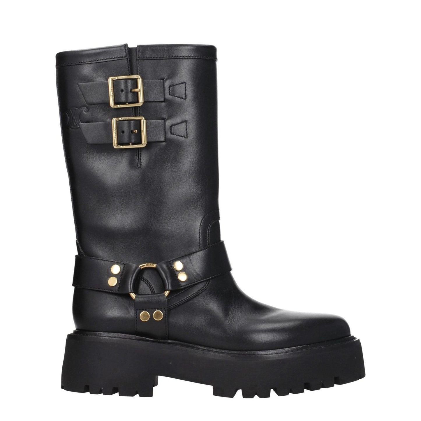 Black leather boots with double buckle detail and rugged sole.