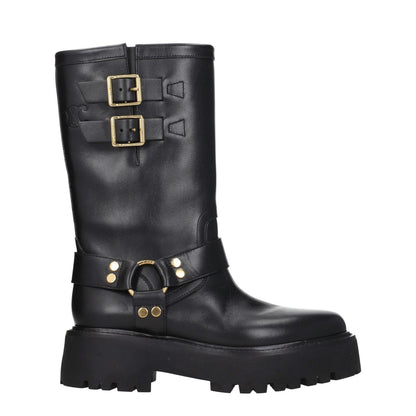 Black leather boots with double buckle detail and rugged sole.