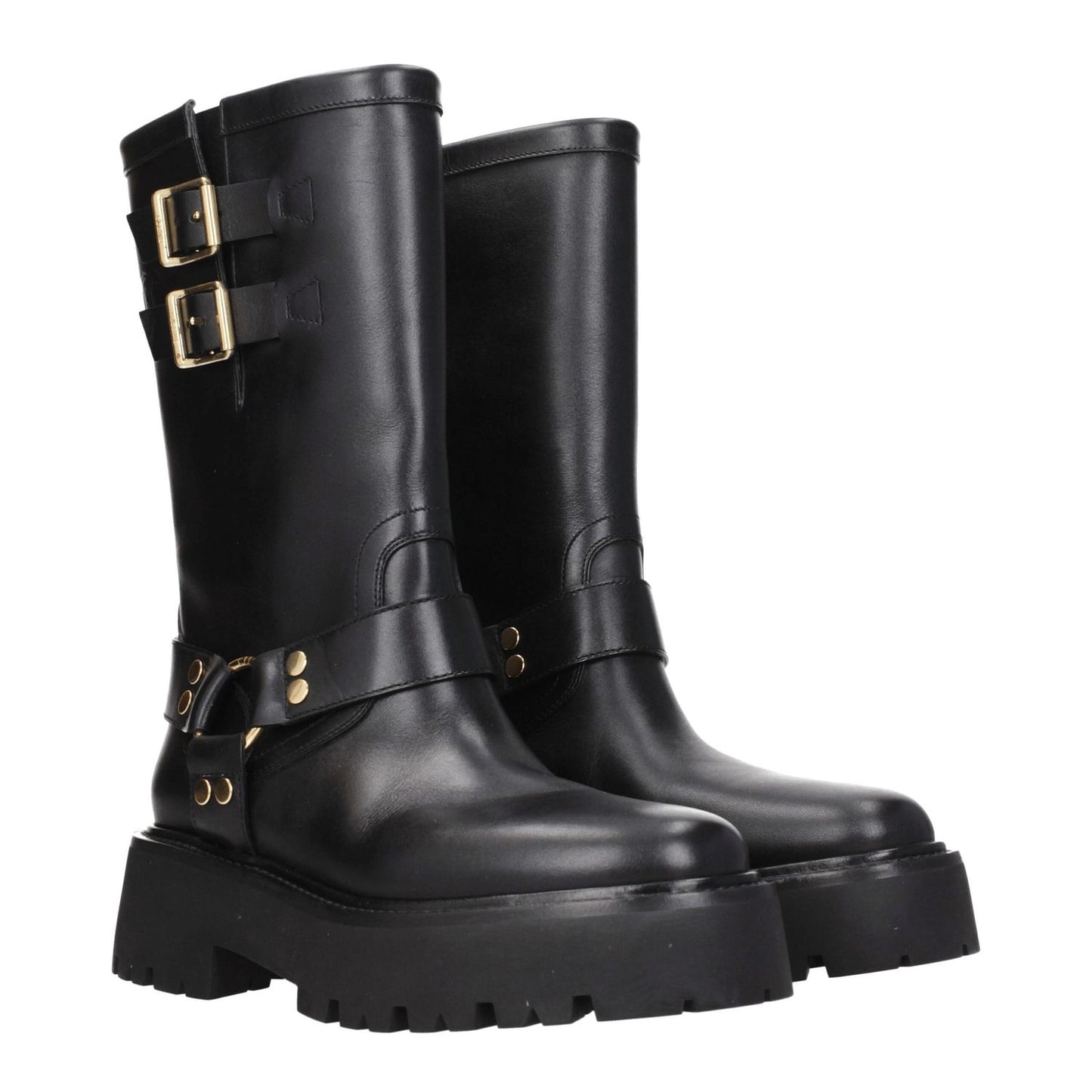 Black leather ankle boots with gold buckles and chunky sole, featuring a mid calf design.