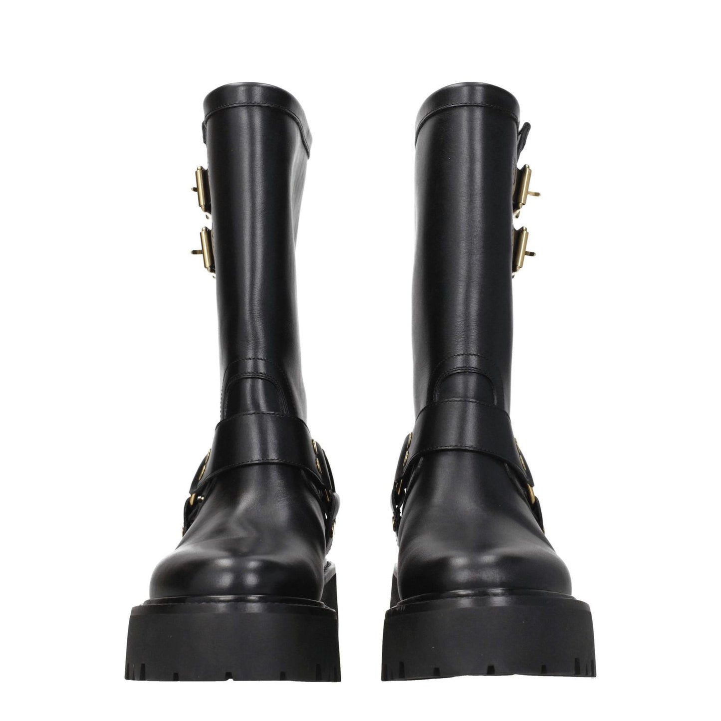Front view of stylish black leather ankle boots with side detail and gold accents.