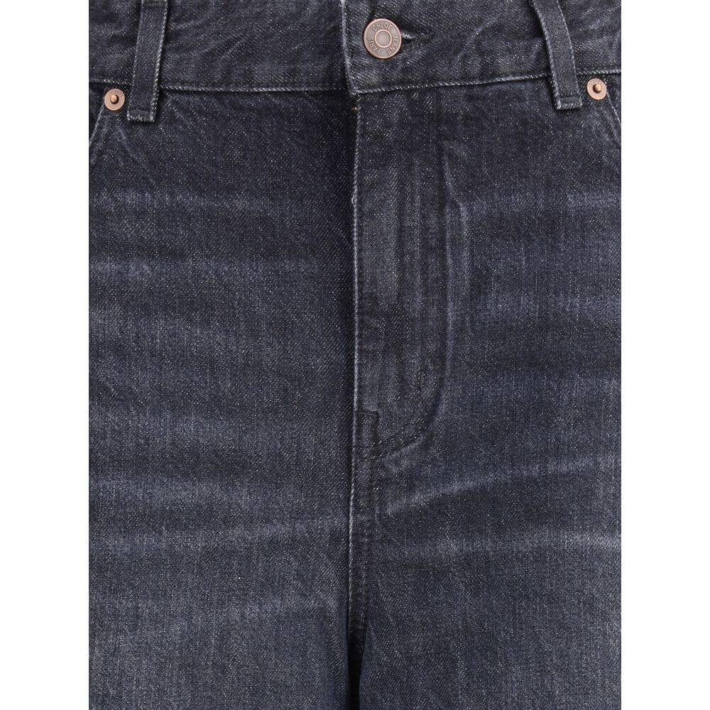 Chloé Black Cotton Flared Jeans with zip-and-button closure, mid-rise, belt loops, leather logo patch, 100% cotton, made in Italy.