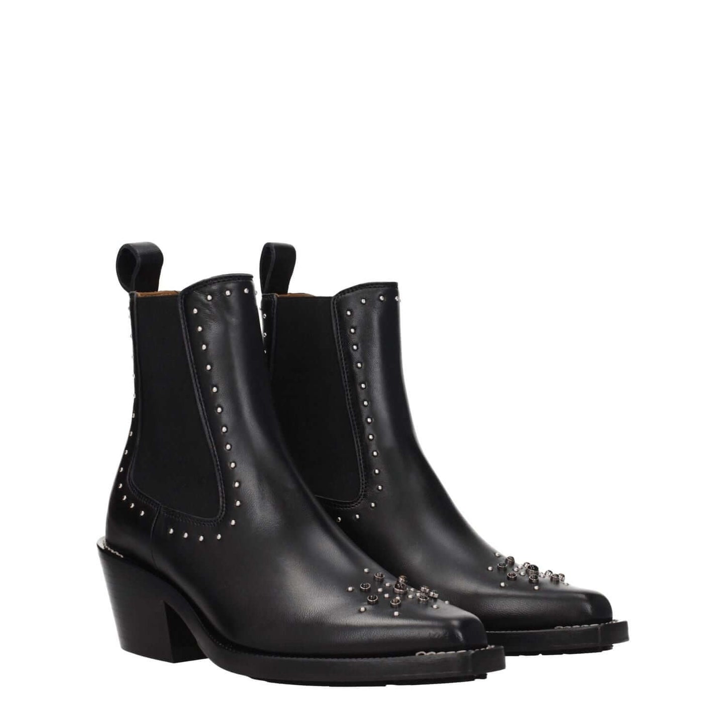 Chloé Black Leather Ankle Boots with studs and stones, featuring a square toe and mid heels, perfect for a casual style.