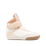 Chloé Chloè Kick leather sneakers in light beige with touch-strap and lace-up design featuring a logo patch and rubber sole.