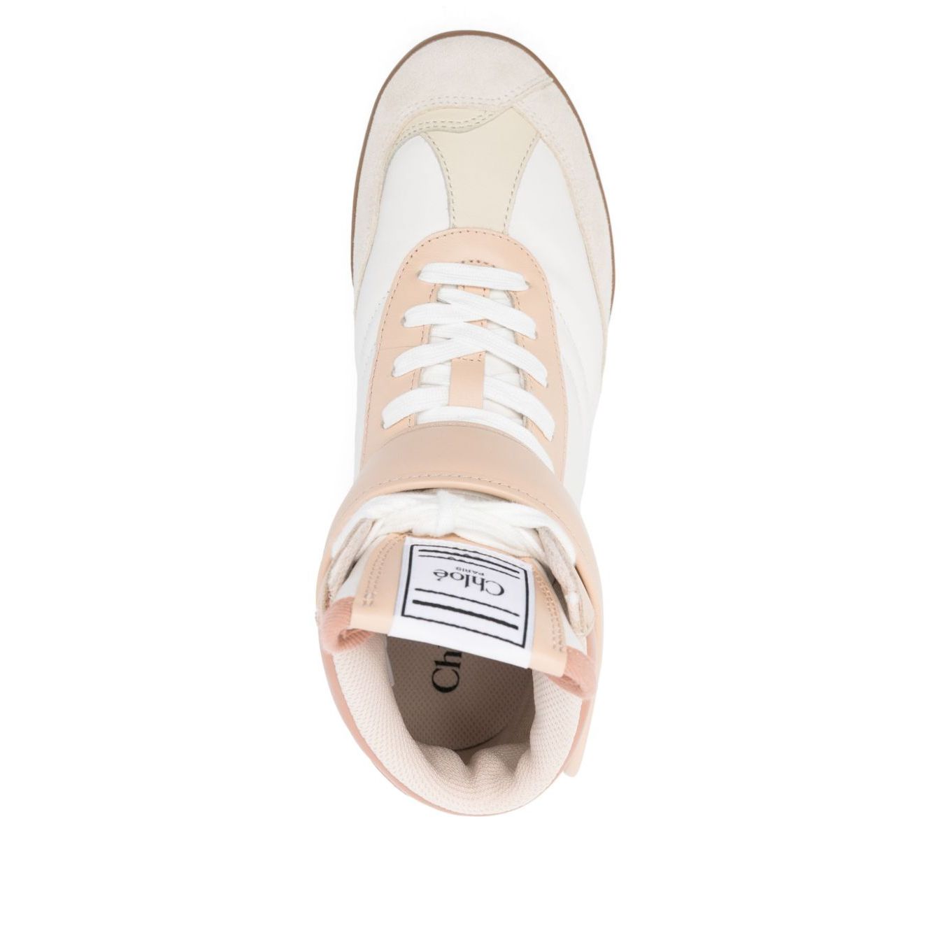 Top view of Chloé Chloè Kick leather sneakers in light beige with front touch-strap, lace-up fastening, and logo patch on tongue.