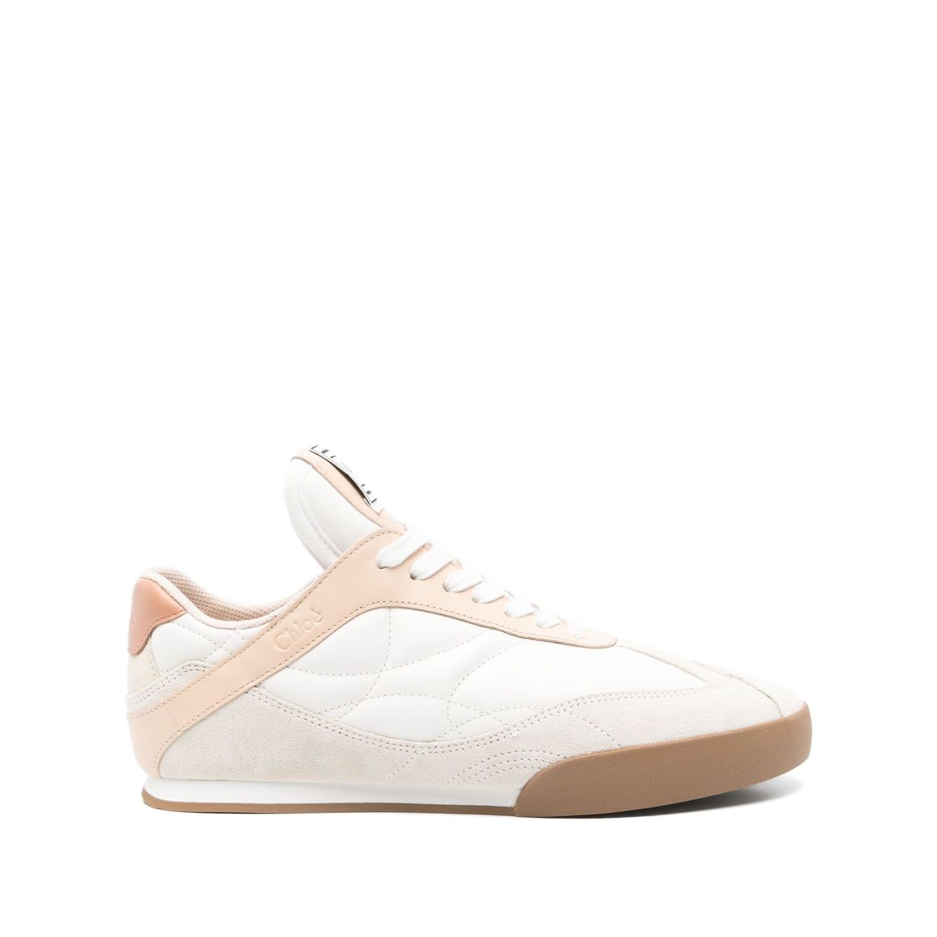 Chloé Kick sneaker in light beige, lace-up, padded ankle, flat rubber sole, with protective dust bag included.