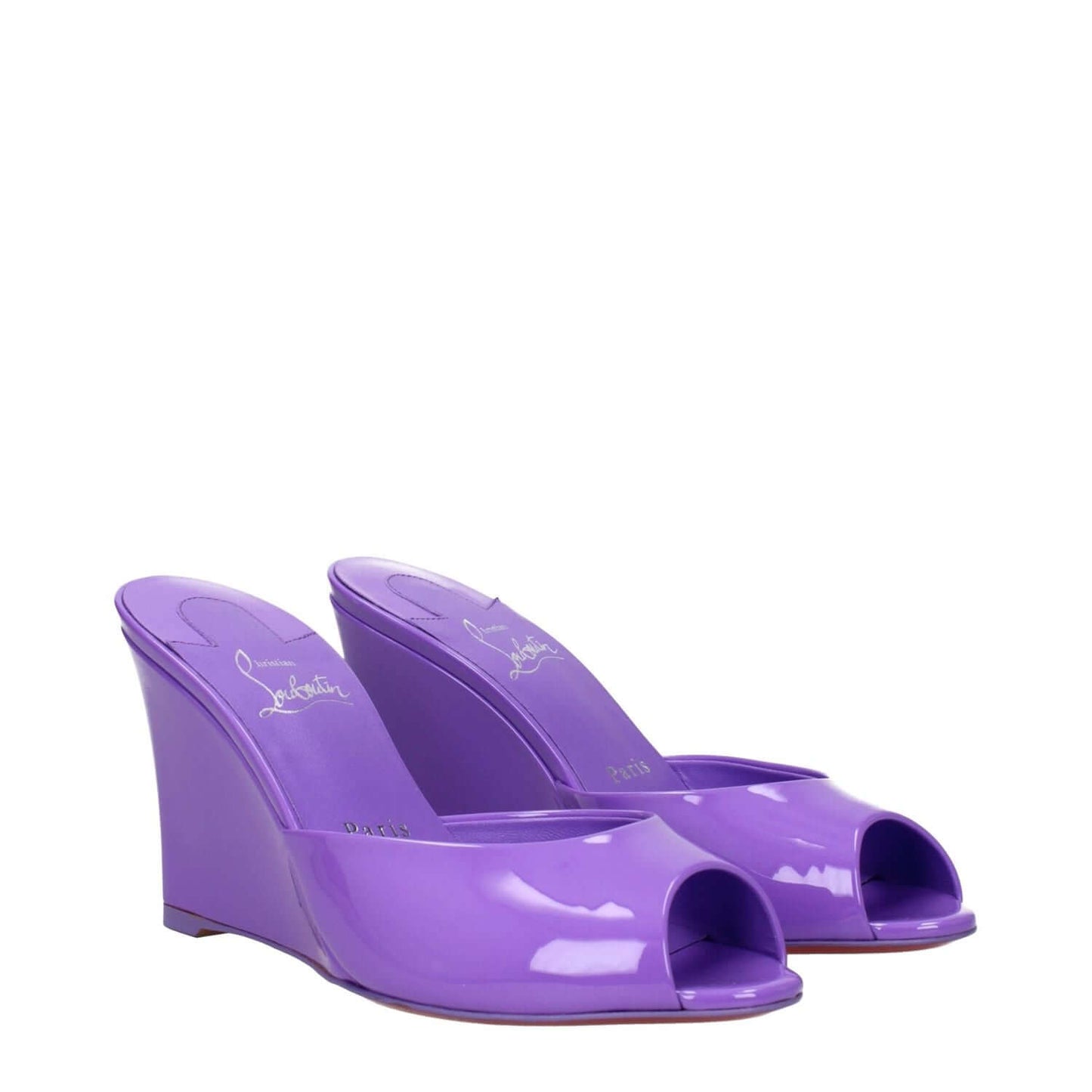 Christian Louboutin Purple Leather Wedge Sandals in violet patent leather with open toe, 9.5 cm wedge, leather sole.