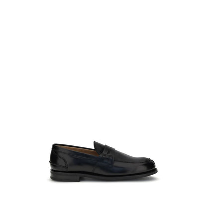 Church's Black Calf Leather Bos Taurus Slip-On Loafers, classic college style with hand-stitched sides and Bookbinder leather finish.