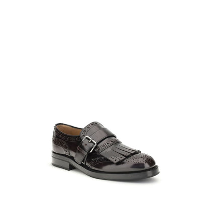 Church's Bordeaux Leather Oxfords And Derbies, patent leather monk strap shoe with decorative fringe and silver buckle.