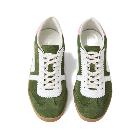Olive green leather Closed Sneakers Green with front lace-up and gum-rubber sole, contrasting trim, viewed from above.