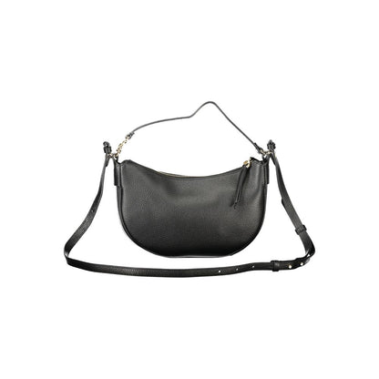 Coccinelle Black Leather Handbag with adjustable and removable shoulder strap, featuring zip closure and internal pocket.