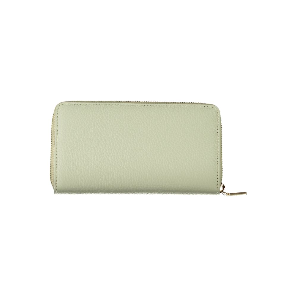 Coccinelle Green Leather Wallet with five compartments, coin purse, card slots, and zip closure.