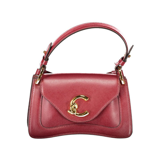 Coccinelle red leather handbag with gold hardware and elegant design.