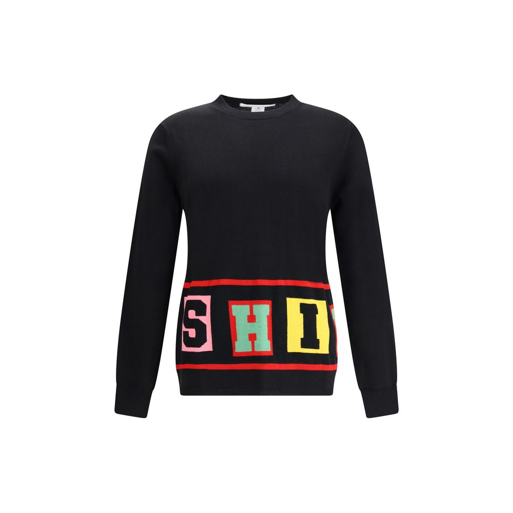 Comme Des Garçons Black Marabou Sweatshirt with colorful lettering design, long sleeves, and straight hem from AW25 collection.