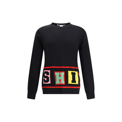 Comme Des Garçons Black Marabou Sweatshirt with colorful lettering design, long sleeves, and straight hem from AW25 collection.