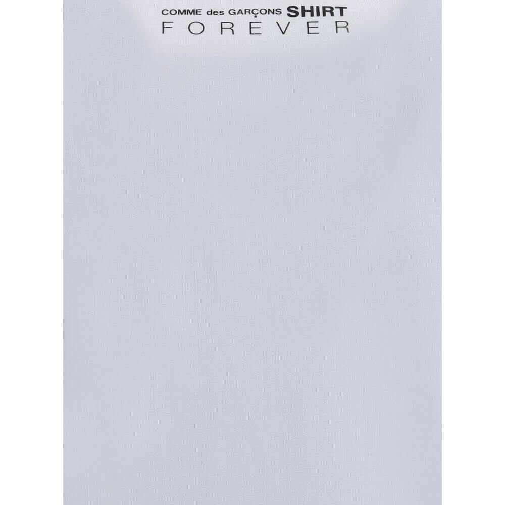 Comme Des Garçons White Cotton Sportswear T-shirt with printed logo on back, minimalist design, 100% cotton, crew neck, short sleeves.