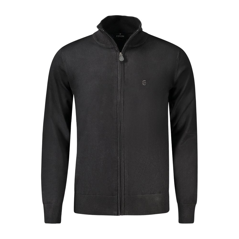 Coveri Moving Black Nylon Sweater - Long sleeve zip cardigan with embroidery and logo design