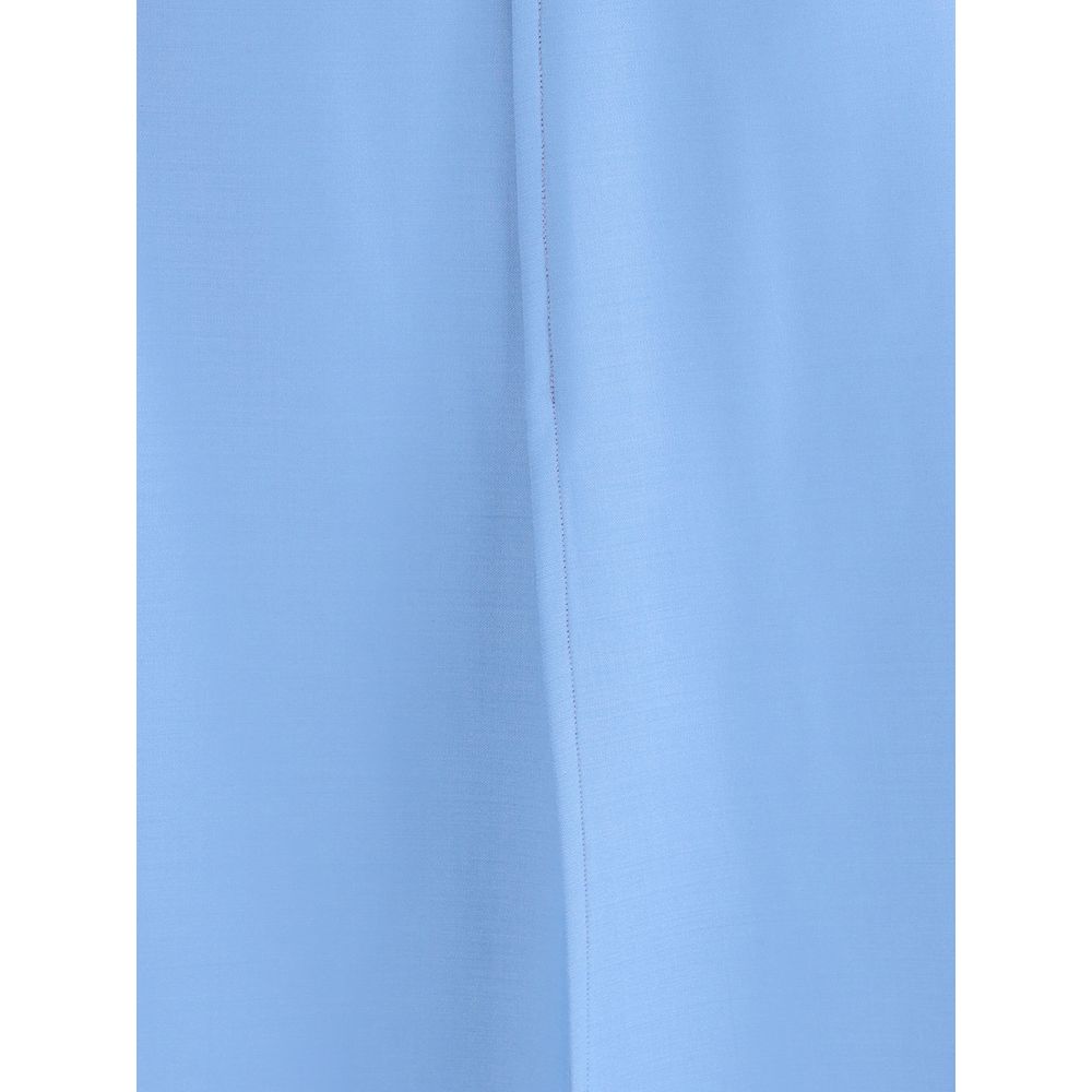 Close-up of Crida Milano Light Blue Wool Midi Skirt showing detail of central pleats and fabric texture.