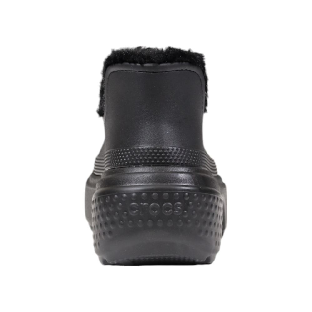Rear view of Crocs Black Croslite Ankle boot showing textured sole and lining.