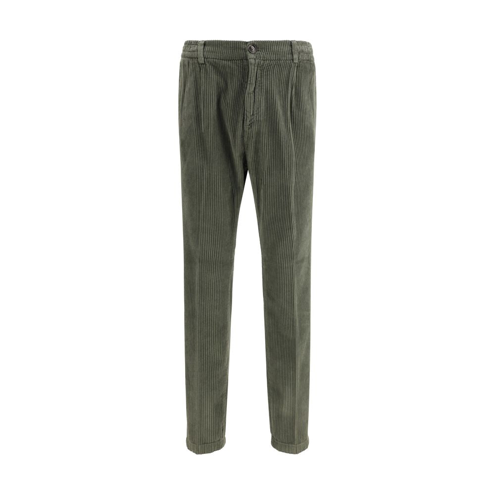 Cruna Green Cotton Casual Pants with a zip-and-button closure, perfect for autumn and winter seasons. Slim fit, 100% corduroy cotton.