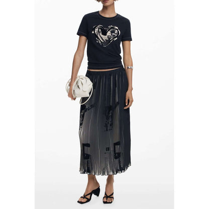 Desigual Black Polyester Women Skirt with newspaper motifs and elastic waist, styled with chic outfit for bold self-expression.