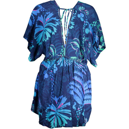 Desigual Blue Cotton Women Dress with V-neck, short sleeves, elastic waist, and contrasting details.