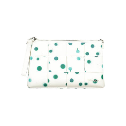 Desigual White Polyethylene Handbag with polka dots, removable chain shoulder strap, and multiple compartments.