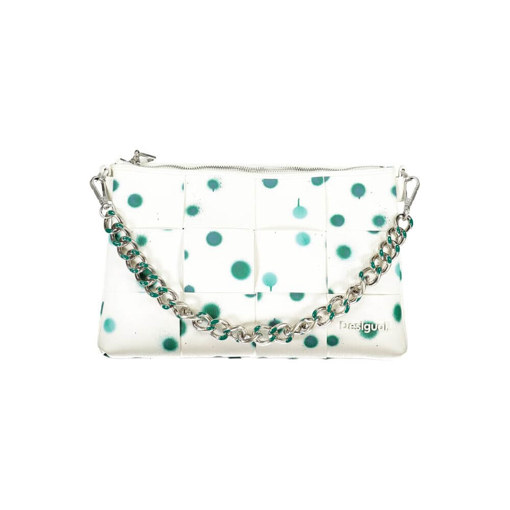Desigual White Polyethylene Handbag with polka dots, chain handle, adjustable strap, and multiple compartments.