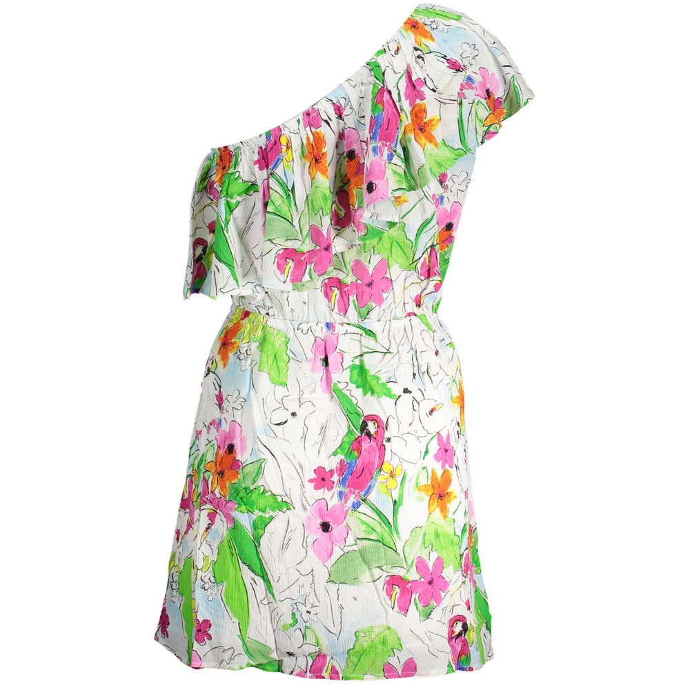 Desigual White Viscose Women Dress with floral one-shoulder design and elastic waist, showcasing modern elegance.