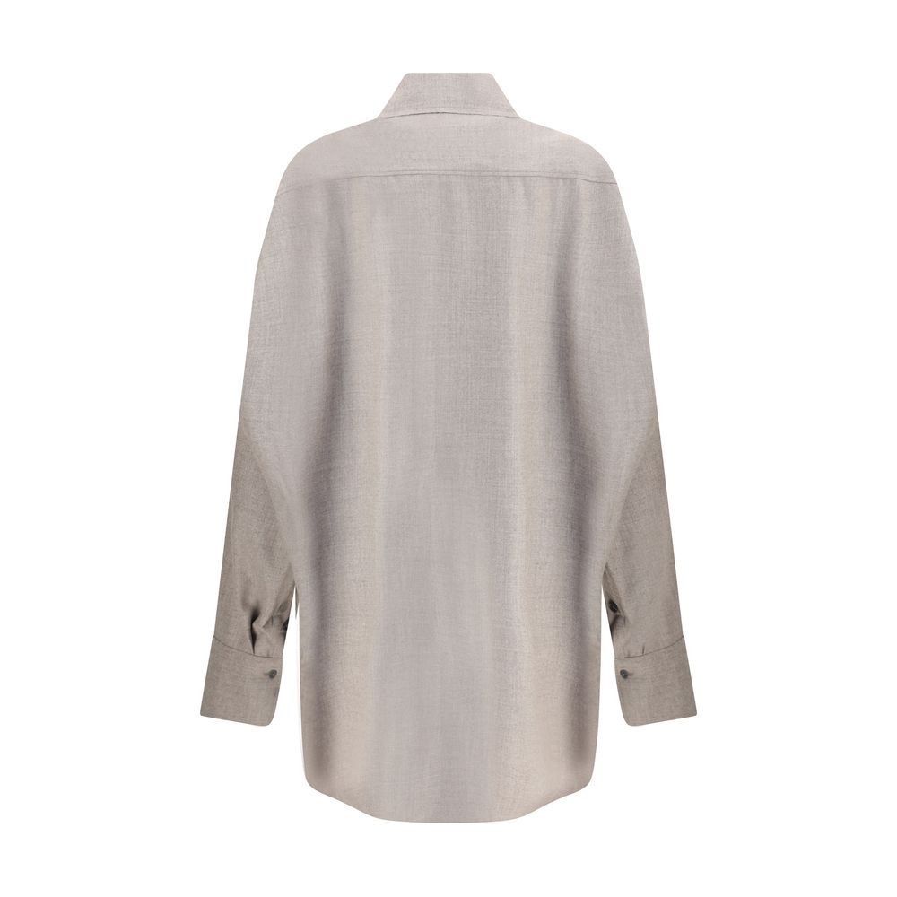 Back view of Di Stavnitser Gray Fleece Wool Dress Shirt with classic collar and asymmetrical hem, showcasing the oversized fit and soft wool texture.