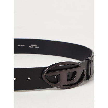 Diesel Black Leather Regular Belt with metal logo buckle, ideal for everyday wear and sophistication.
