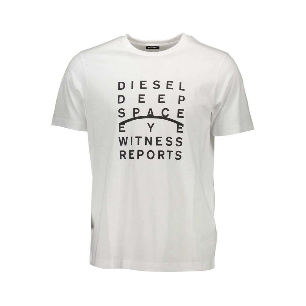 Diesel White Cotton Men T-Shirt with bold print and iconic logo, showcasing casual style and comfort for the modern wardrobe.
