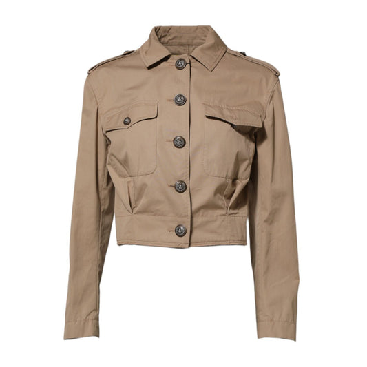 Dolce & Gabbana Beige Cotton Button Up Fitted Cropped Jacket featuring long sleeves and a classic elegant design.