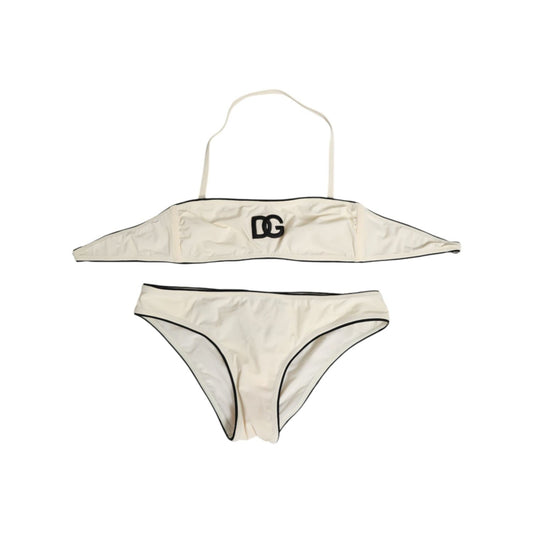 Dolce & Gabbana Beige Logo Swimsuit 2 Piece Top Bottom Swimwear with bandeau top and brief, featuring signature logo, sleek design.