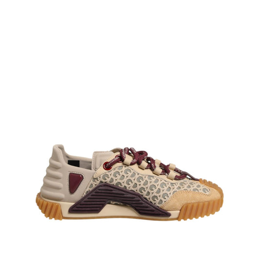 Dolce & Gabbana Beige Neoprene DG Logo NS1 Lace Sneakers Shoes with geometric sole and burgundy laces, side view