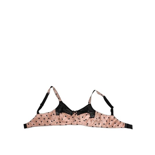 Dolce & Gabbana Beige Silk Heart Print Soft Cup Bra Underwear with black accents, crafted in Italy from premium silk satin.