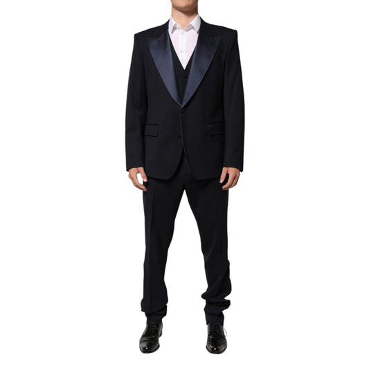 Dolce & Gabbana Black 3 Piece Wool Silk Blend Suit SICILIA with satin peak lapels, perfect for formal occasions.