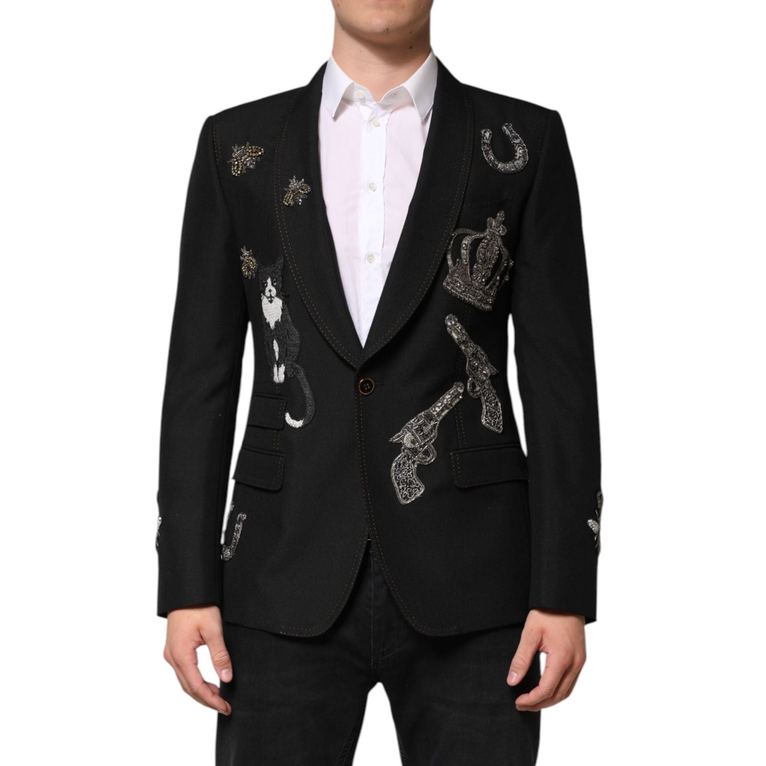 Dolce & Gabbana Black Bee Crown Embellished Suit Coat Blazer