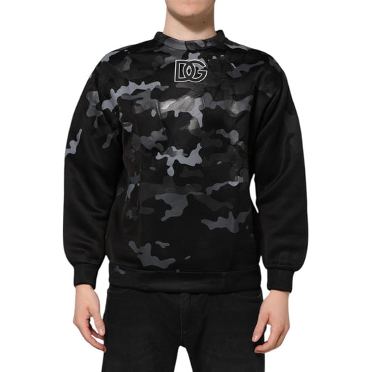 Alt Tag: Model wearing Dolce & Gabbana Black Camouflage Round Neck Sweatshirt Sweater, showcasing a bold camouflage pattern.
