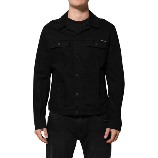 Dolce & Gabbana Black Cotton Denim Stretch Giubbotto Jacket, blouson style with button closure, chest pockets, tailored fit, made in Italy.