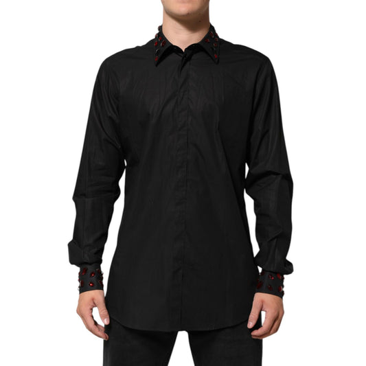 Dolce & Gabbana Black Cotton Embellished Collar Men’s Shirt with red details on collar and cuffs