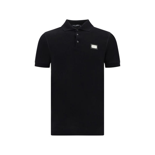 Dolce & Gabbana Black Cotton Polo Shirt with ribbed collar and D&G monogram plaque, made in Italy for AW25, 100% cotton.