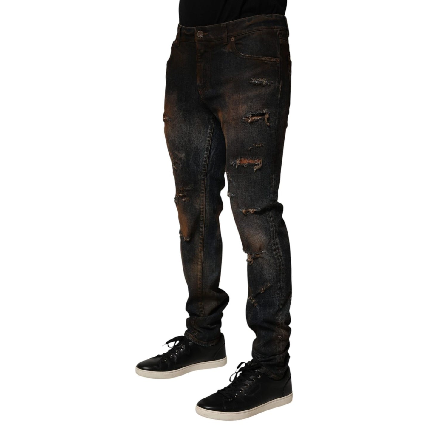 Dolce & Gabbana Black Cotton Skinny Tattered Men Denim Jeans