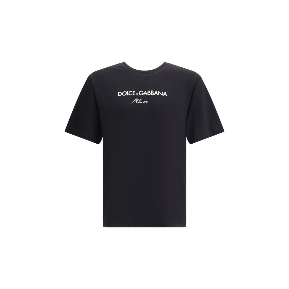 Dolce & Gabbana Black Cotton T-Shirt with logo embroidery, ribbed crew neck, AW25 season, 100% cotton, regular fit elegance.