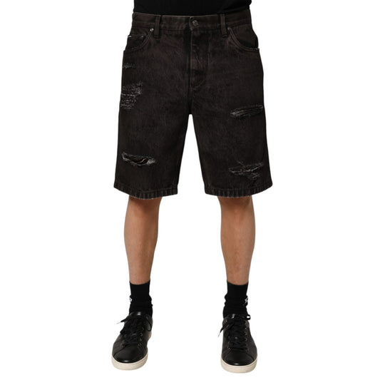 Dolce & Gabbana Black Cotton Tattered Denim Men Bermuda Short, distressed and stylish for modern casual wear.