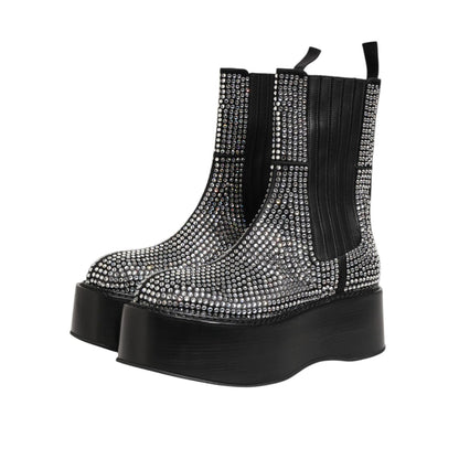 Dolce & Gabbana Black Crystal Strass Mid Calf Short Boots Shoes