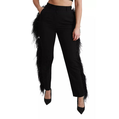 Dolce & Gabbana Black Feather Straight High Waist Pants