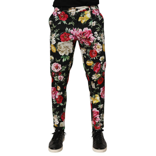 Dolce & Gabbana Black Floral Cotton Dress Formal Trouser Pants with elegant floral pattern and sleek modern fit
