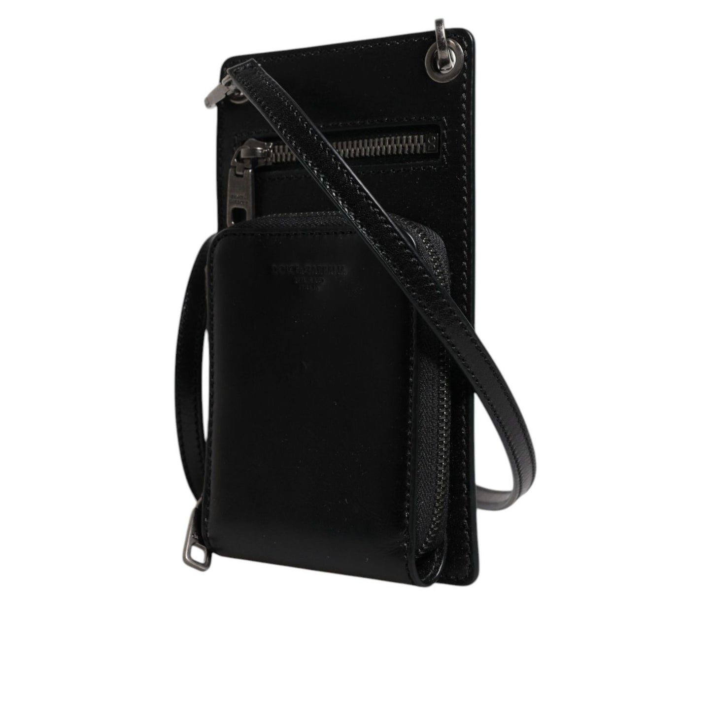 Dolce & Gabbana Black Horse Leather Zip Logo Shoulder Neck Strap Wallet