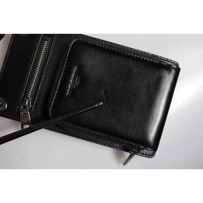 Dolce & Gabbana Black Horse Leather Zip Logo Shoulder Neck Strap Wallet